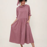100% Linen Ruffle Trim Pleated Midi Dress
