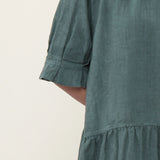 100% Linen Ruffle Trim Pleated Midi Dress