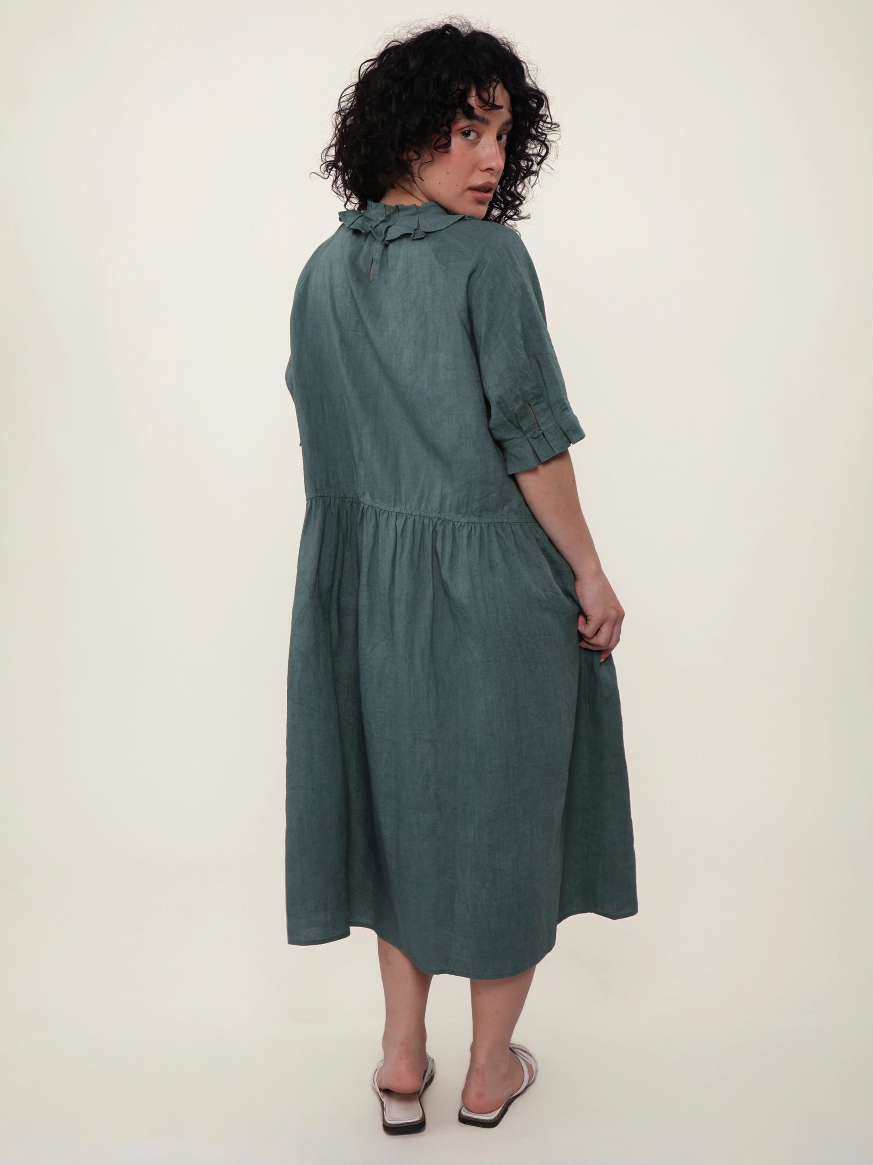 100% Linen Ruffle Trim Pleated Midi Dress