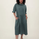 100% Linen Ruffle Trim Pleated Midi Dress