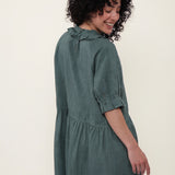 100% Linen Ruffle Trim Pleated Midi Dress
