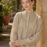 100% Linen Smocked Neck Long Sleeve Blouse