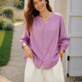 100% Linen Split Neck Gathered Placket Balloon 3/4 Sleeve Blouse
