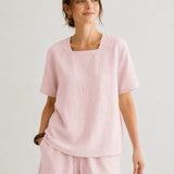 100% Linen Square Neck Short Sleeve Blouse