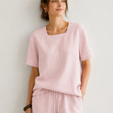 100% Linen Square Neck Short Sleeve Blouse