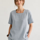100% Linen Square Neck Short Sleeve Blouse
