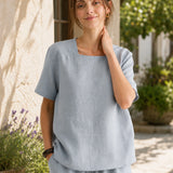 100% Linen Square Neck Short Sleeve Blouse