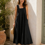 100% Linen Square Neck Side Pocket Sleeveless Maxi Dress
