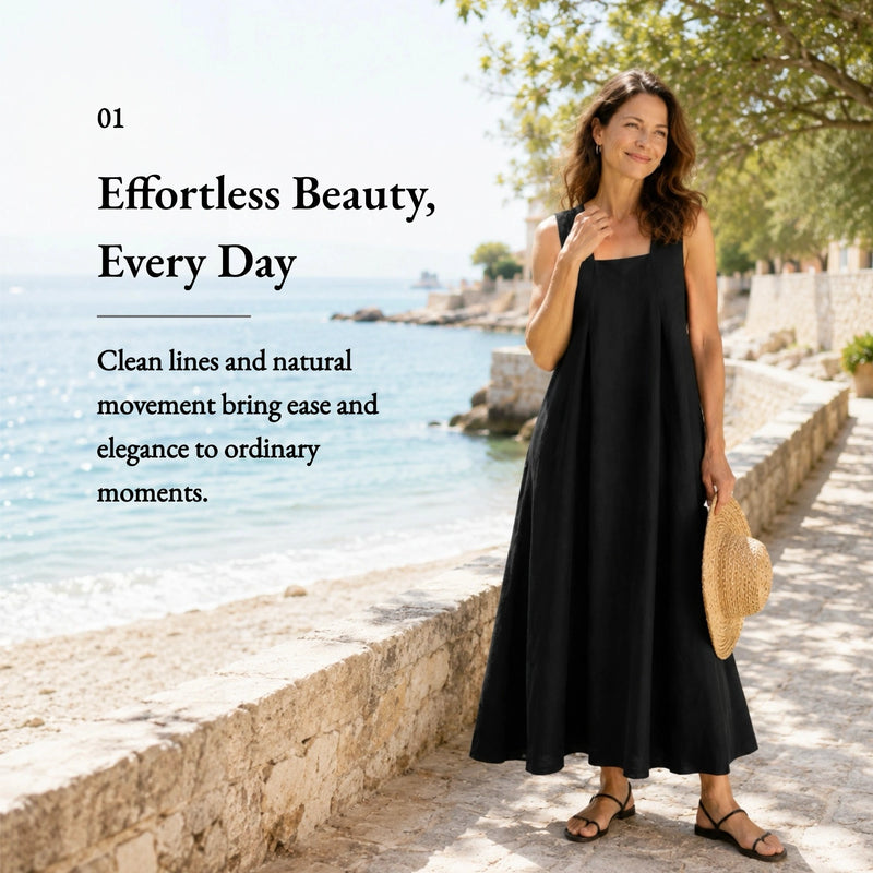 100% Linen Square Neck Side Pocket Sleeveless Maxi Dress