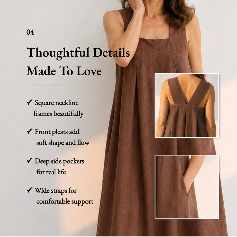 100% Linen Square Neck Side Pocket Sleeveless Maxi Dress