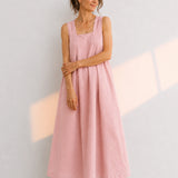 100% Linen Square Neck Side Pocket Sleeveless Maxi Dress
