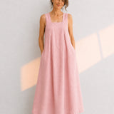 100% Linen Square Neck Side Pocket Sleeveless Maxi Dress