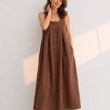 100% Linen Square Neck Side Pocket Sleeveless Maxi Dress