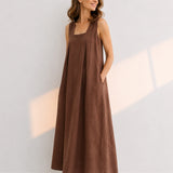 100% Linen Square Neck Side Pocket Sleeveless Maxi Dress