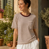 100% Linen Stripe Crew Neck Chest Pocket T-Shirt