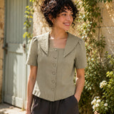 100% Linen Textured Collar Puff Sleeve Blouse