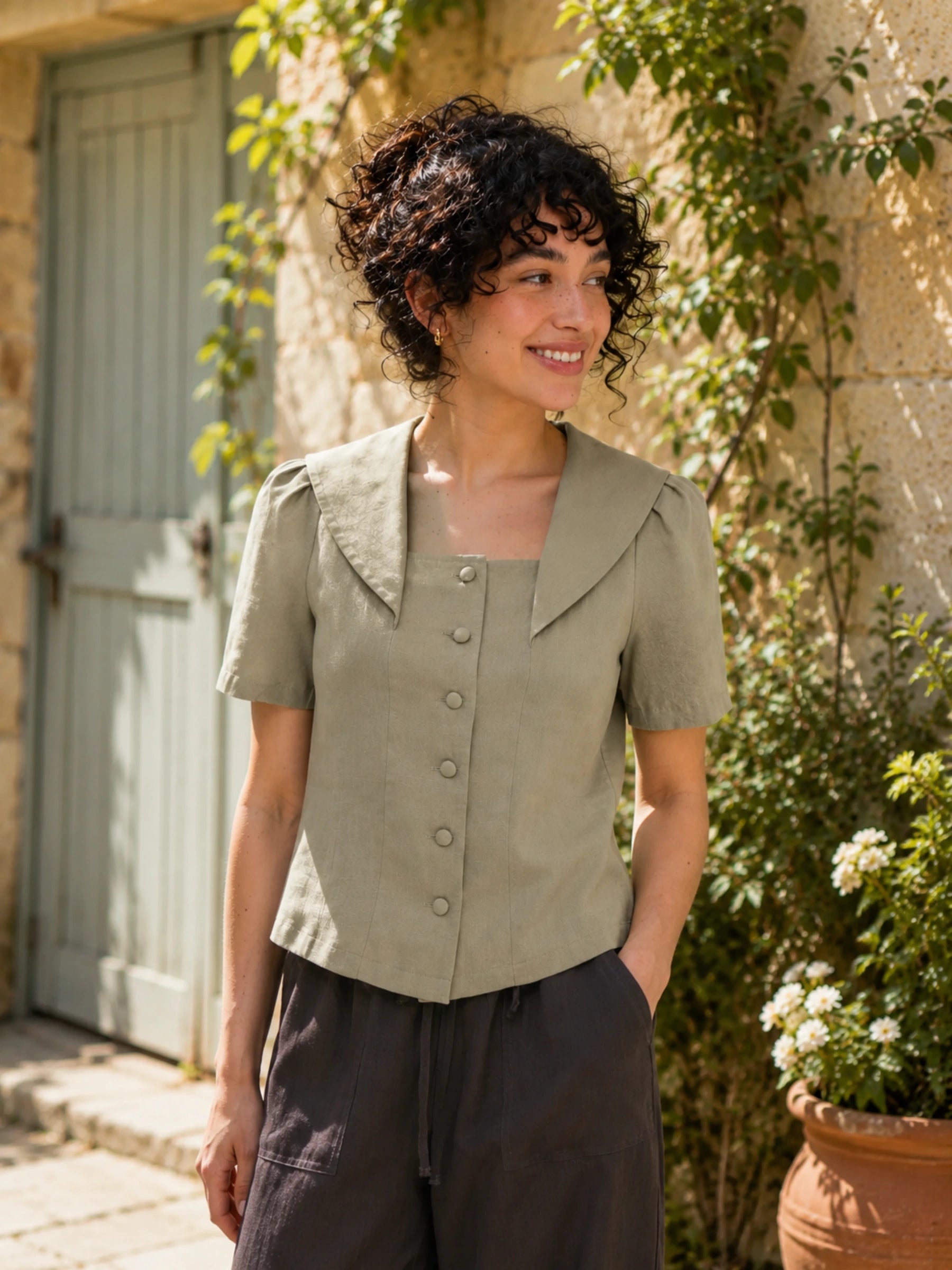 100% Linen Textured Collar Puff Sleeve Blouse