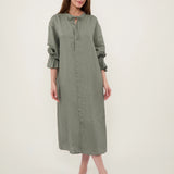 100% Linen Tie Neck Flare Sleeve Shirt Dress