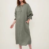 100% Linen Tie Neck Flare Sleeve Shirt Dress