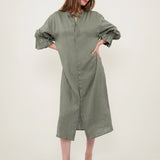 100% Linen Tie Neck Flare Sleeve Shirt Dress