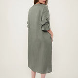 100% Linen Tie Neck Flare Sleeve Shirt Dress
