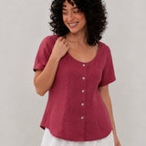 100% Linen U Scoop Neck Button Front Short Sleeve Blouse