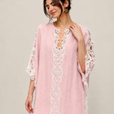 100% Linen V-Neck Lace Embroidered Batwing Sleeve Blouse