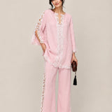 100% Linen Side Lace Patchwork Straight Leg Pants