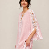 100% Linen V-Neck Lace Embroidered Batwing Sleeve Blouse
