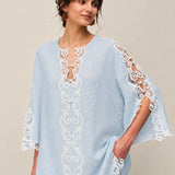 100% Linen V-Neck Lace Embroidered Batwing Sleeve Blouse