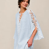100% Linen V-Neck Lace Embroidered Batwing Sleeve Blouse
