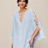 100% Linen V-Neck Lace Embroidered Batwing Sleeve Blouse