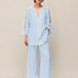 100% Linen Side Lace Patchwork Straight Leg Pants
