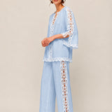 100% Linen Side Lace Patchwork Straight Leg Pants