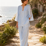 100% Linen Side Lace Patchwork Straight Leg Pants