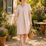 100% Linen V-Neck Short Sleeve Midi Dress