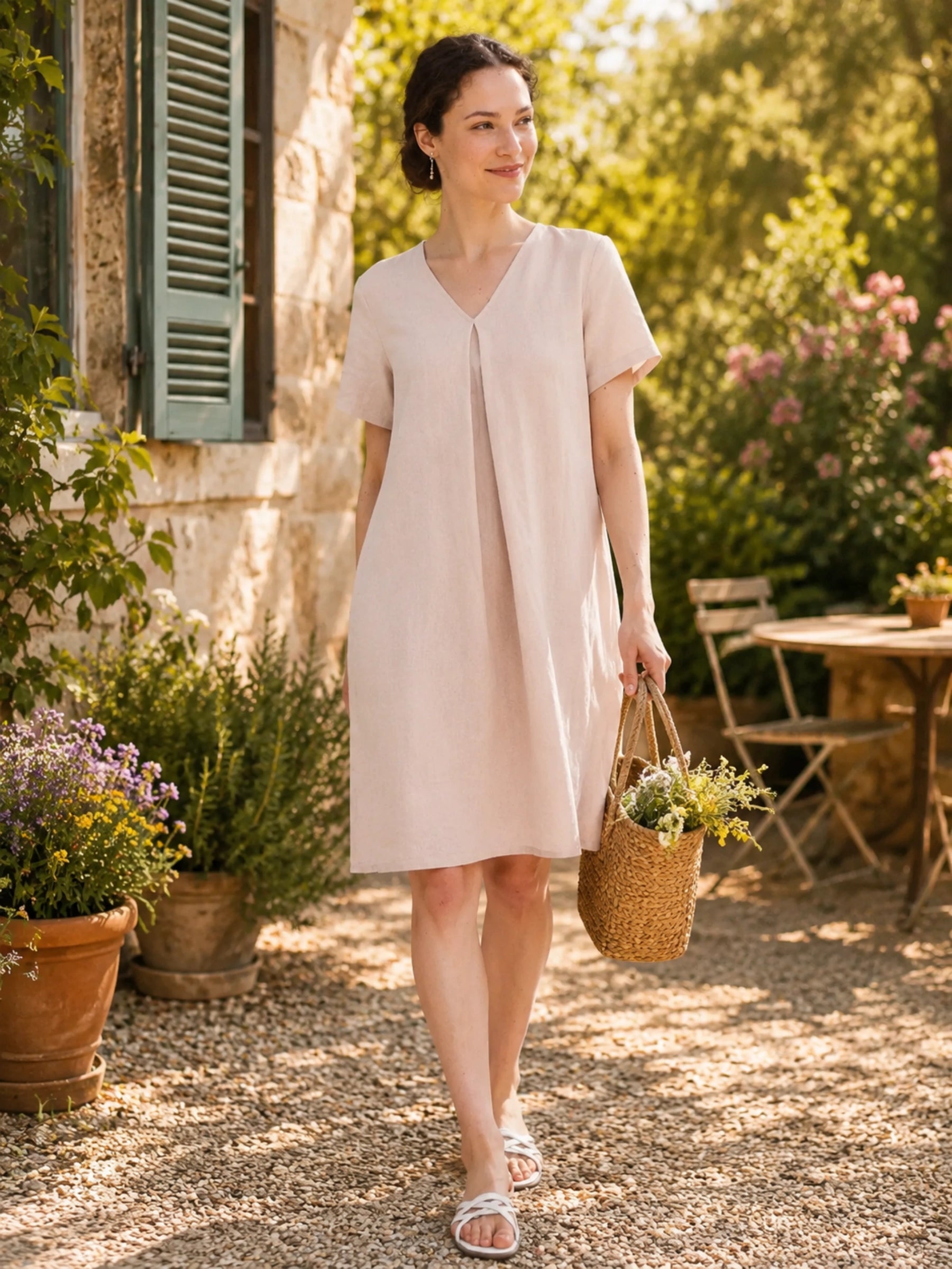 100% Linen V-Neck Short Sleeve Midi Dress