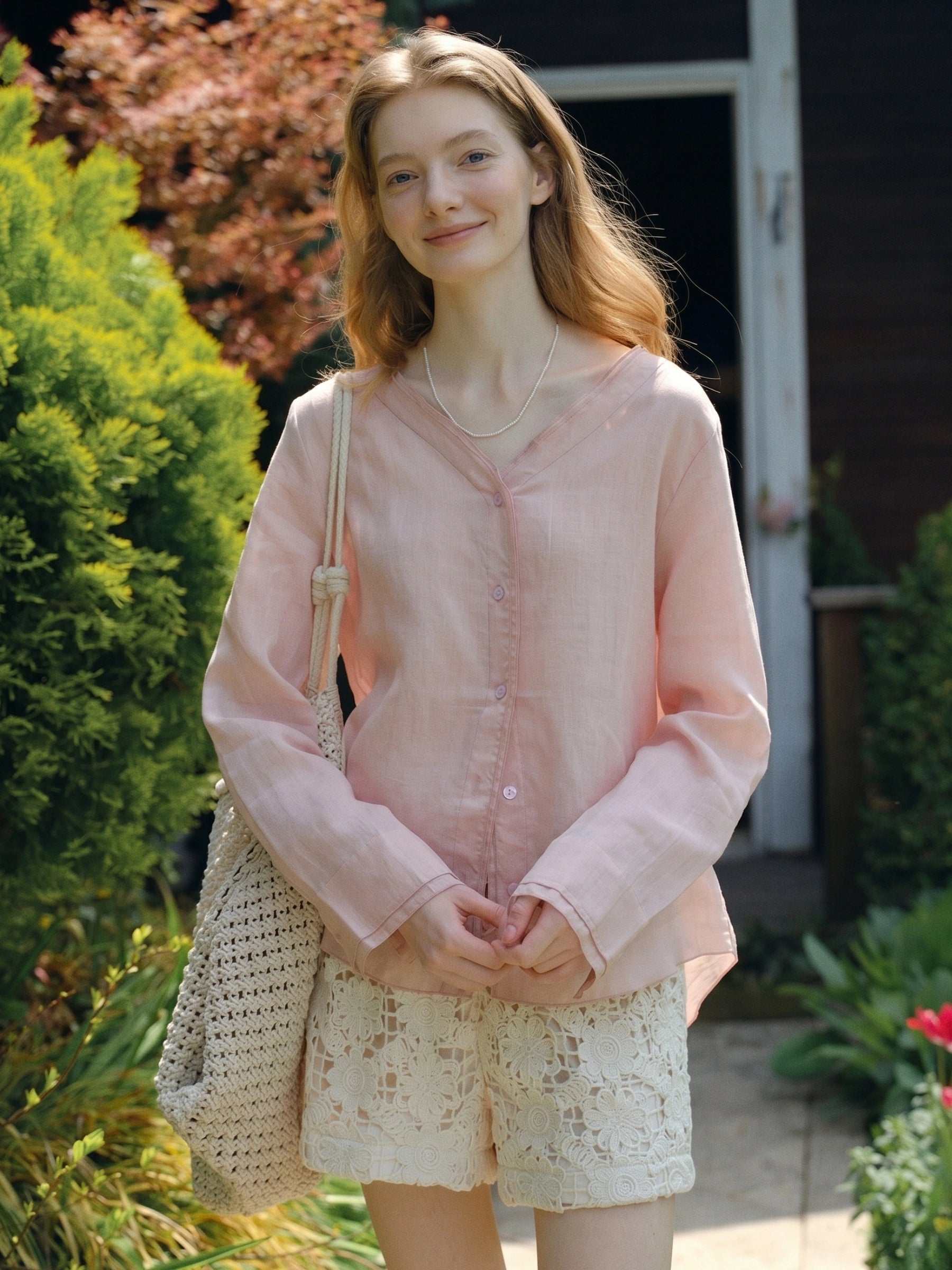 100% Linen V-neck Button Down Blouse