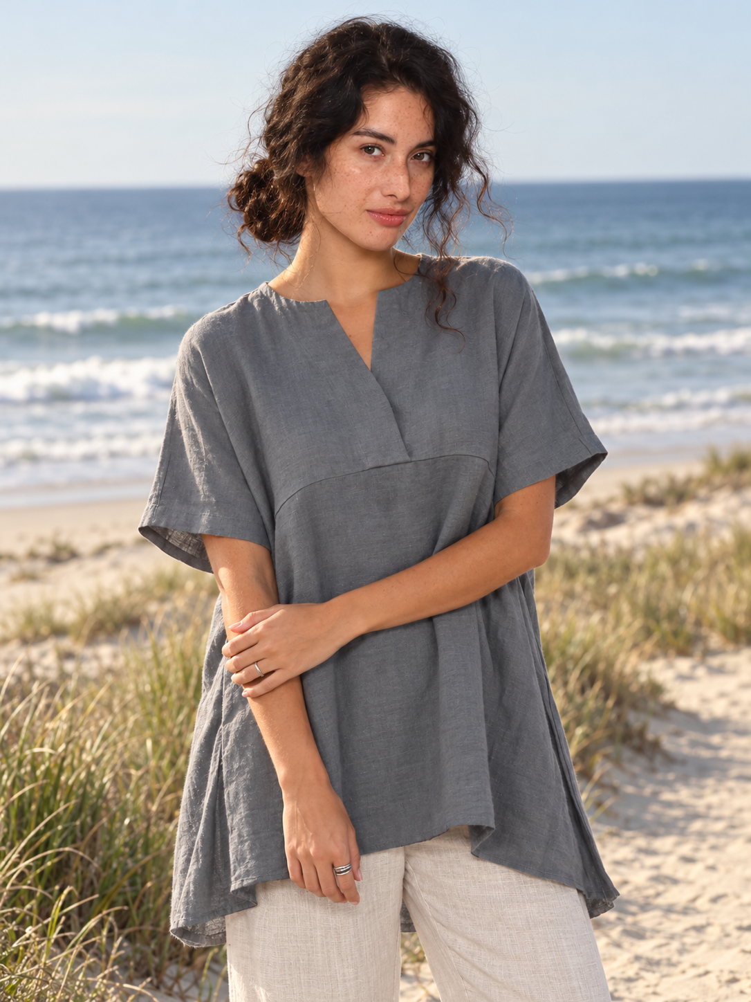 100% Linen V-neck Pleated Blouse