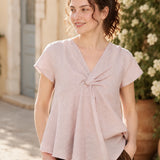 100% Linen V-neck Twist Front Short Sleeve Blouse