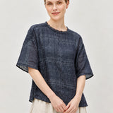 100% Linen Vintage Grid Round Neck Half-Sleeve Blouse
