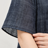 100% Linen Vintage Grid Round Neck Half-Sleeve Blouse