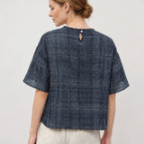 100% Linen Vintage Grid Round Neck Half-Sleeve Blouse