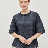 100% Linen Vintage Grid Round Neck Half-Sleeve Blouse