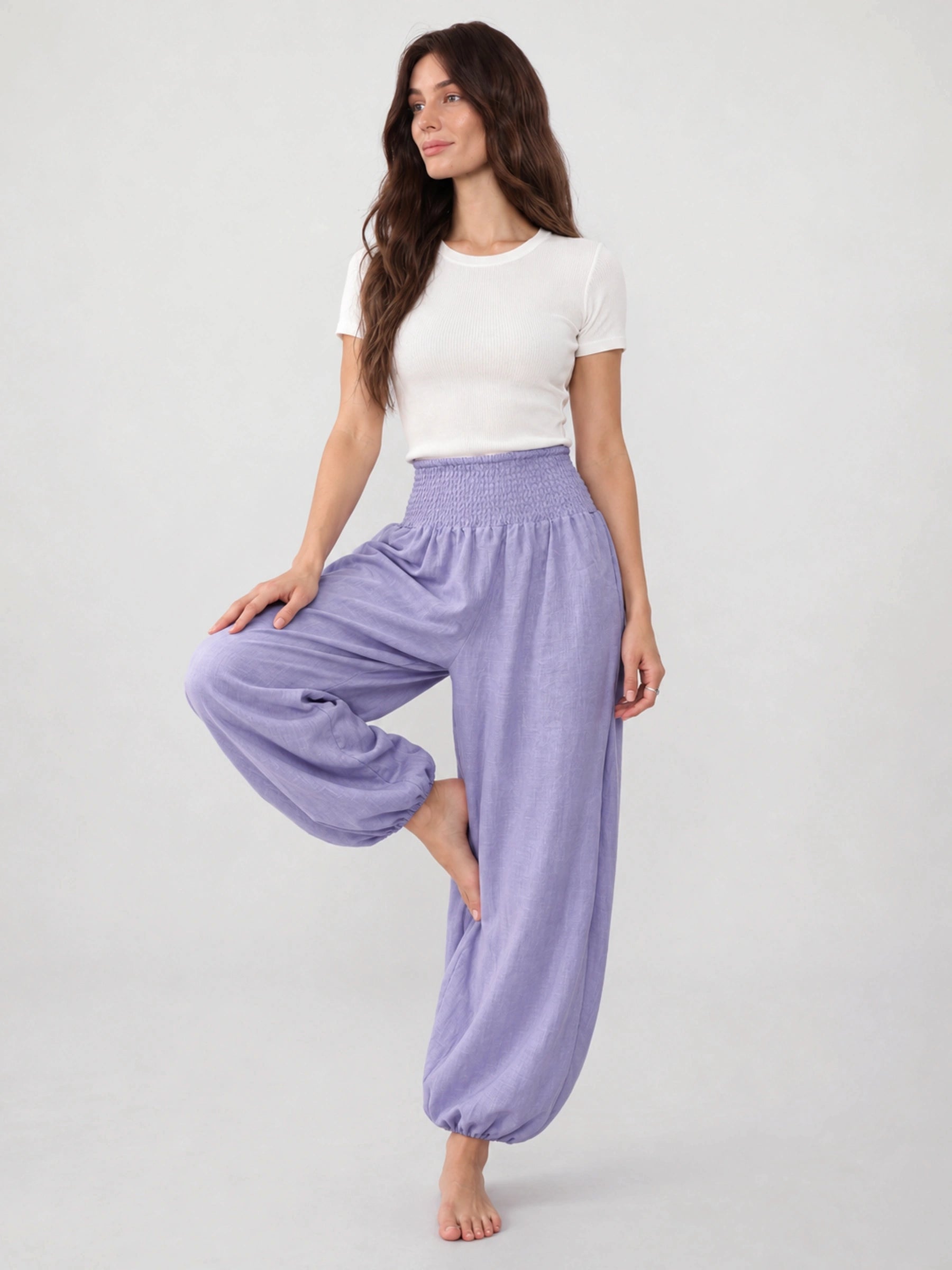 100% Linen Wide-Elastic-Waistband Balloon Pants