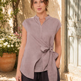 100% Linen Wrap Tie Sleeveless Blouse