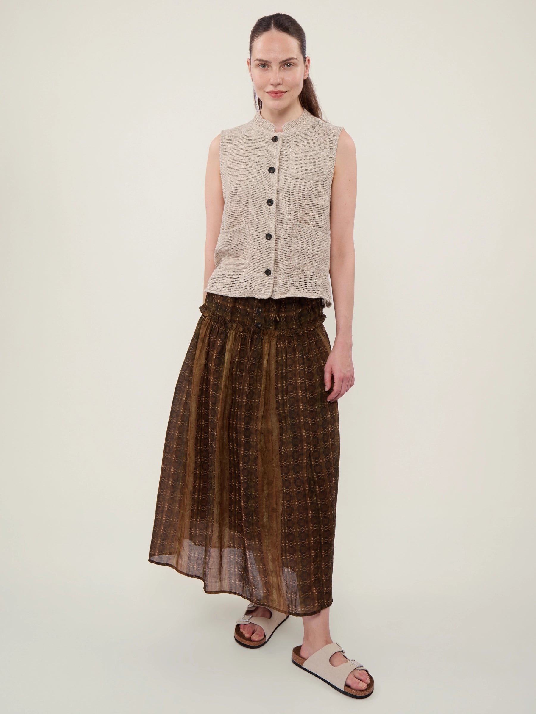 100% Ramie Vintage Print Elastic Waist Tiered Maxi Skirt