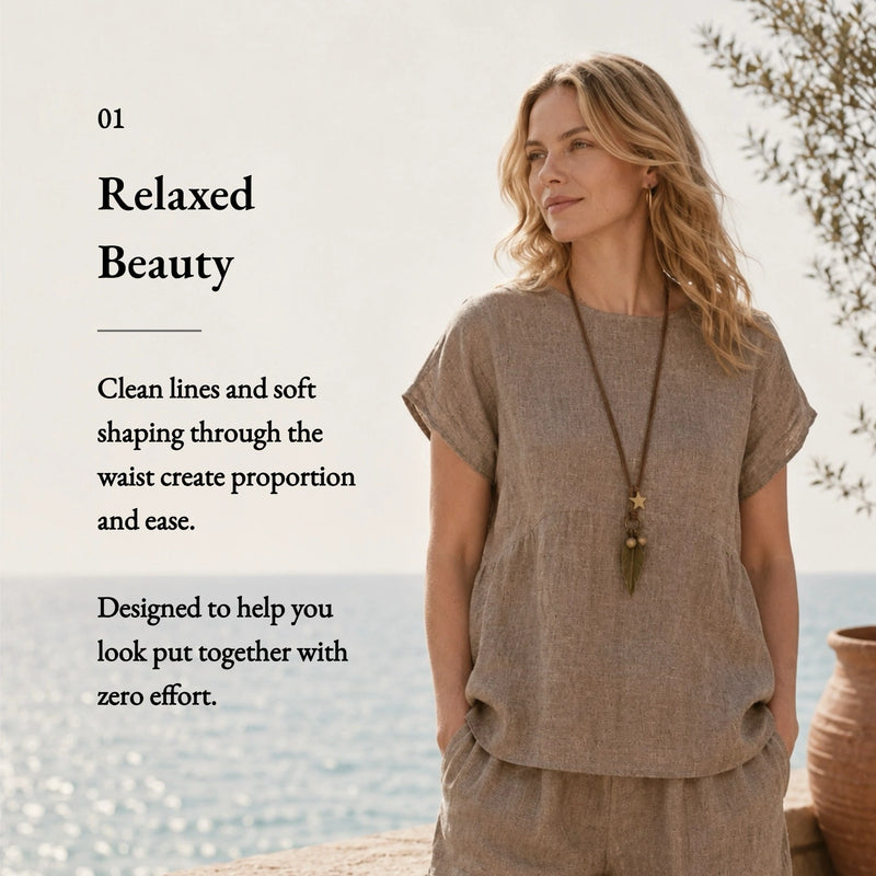 100% Linen Round Neck Cap Sleeve Relaxed Blouse