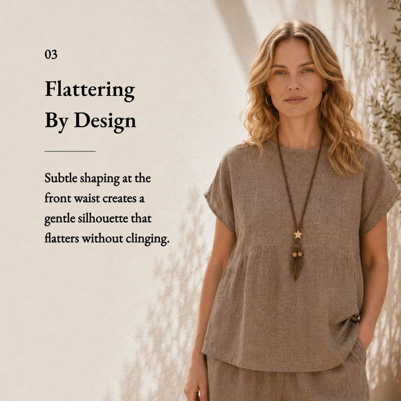 100% Linen Round Neck Cap Sleeve Relaxed Blouse