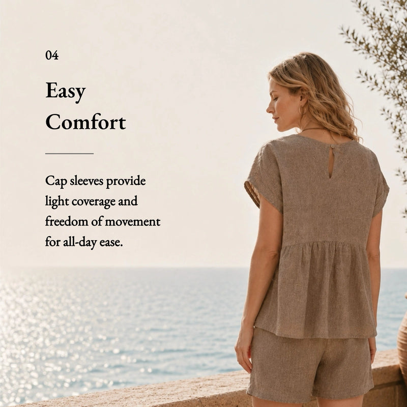 100% Linen Round Neck Cap Sleeve Relaxed Blouse